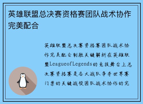 英雄联盟总决赛资格赛团队战术协作完美配合