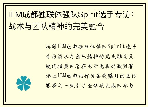 IEM成都独联体强队Spirit选手专访：战术与团队精神的完美融合