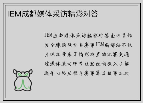 IEM成都媒体采访精彩对答